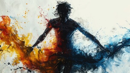 Abstract silhouette of a human figure with a dynamic burst of colorful paint splashes against a white background.