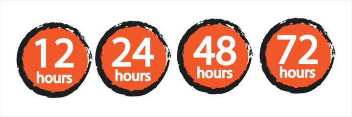 12, 24, 48 and 72 hours clock arrow. symbol work time, delivery and service time, isolated, vector icon Illustration with white artboard.