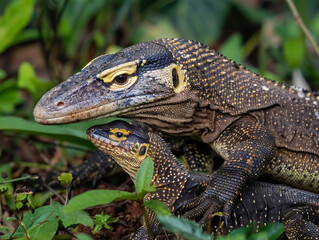 Obraz premium A monitor lizard with its young, nestled on the forest floor, surrounded by nature's textures.