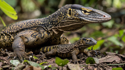 Naklejka premium A monitor lizard with its young, nestled on the forest floor, surrounded by nature's textures.