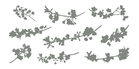 Set of silhouettes of flowering trees with flowers. Vector set of blooms
