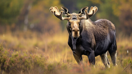 Majestic moose with velvet antlers stands in golden light, the essence of wild autumn.