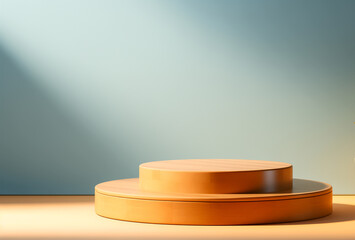 Wooden podium for product presentation in sunlight and shadows on the beige wall. Minimalistic abstract gentle light blur background.