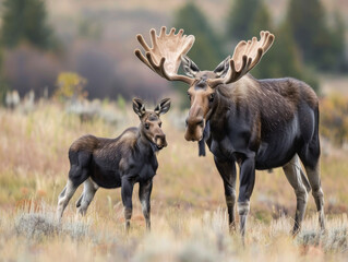 Naklejka na ściany i meble A mother moose and her calf gaze curiously, nestled in lush greenery.