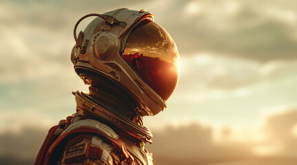 Sunset Reflection on Astronaut's Visor, Vintage Space Suit created with Generative AI technology - obrazy, fototapety, plakaty
