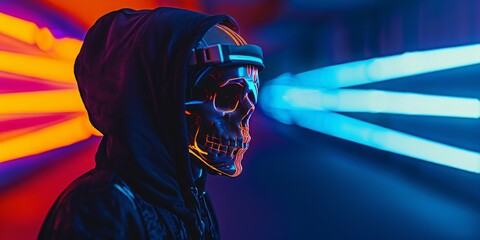 A skull with headphones on its head, emitting a radiant glow from its orange eyes. It appears to be immersed in music, symbolizing a fusion of life and death. - obrazy, fototapety, plakaty
