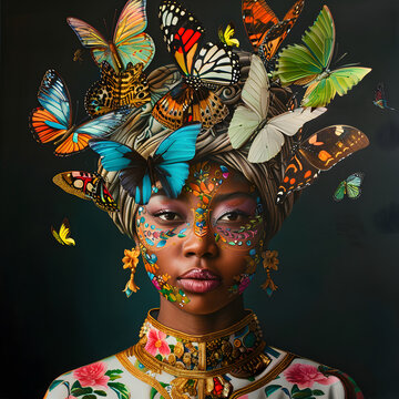 Portrait of a woman wearing colorful clothes, African headwrap with all sorts of butterflies flying around and intricate and colorful face painting on a black background. Carnival concept.
