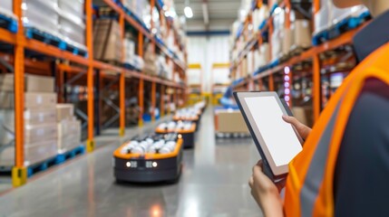 Close-up view of a warehouse worker using a digital tablet to monitor automated robots handling logistics in a large distribution warehouse.