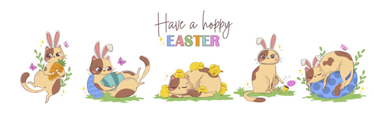 Holiday banner with a pun phrase with Easter cartoon cats in a bunny suit with eggs and carrots