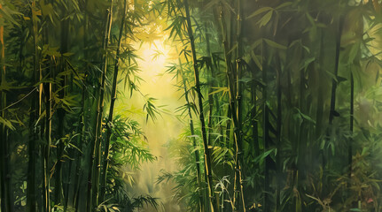 Serene Bamboo Forest in Misty Morning Light created with Generative AI technology