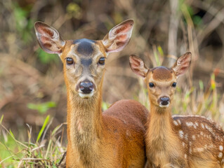 Fototapeta premium Muntjac doe and fawn stand together, a picture of wild serenity.