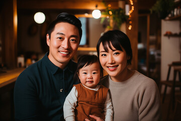 Japanese family smiling together in a restaurant