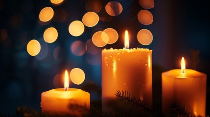 Three lit candles create a warm, festive atmosphere, with soft bokeh lights providing a magical holiday backdrop.