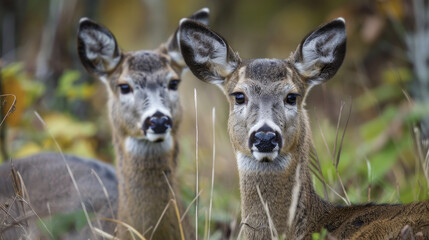 Obraz premium Two does gaze curiously, their presence harmonising with the autumn hues.