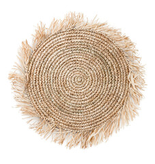 round handmade crafted crochet raffia placemat with fringes isolated over a transparent background,...