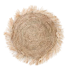Foto auf Acrylglas round handmade crafted crochet raffia placemat with fringes isolated over a transparent background, cut-out natural boho home, table or interior design element, top view / flat lay, PNG © Anja Kaiser