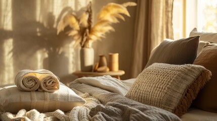 Fototapeta na wymiar The golden sunlight bathes a bedroom scene with comforting textiles, highlighting a serene and inviting atmosphere.