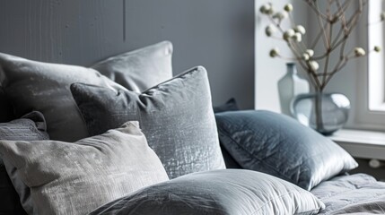 Close-up of an assortment of luxurious grey toned pillows on a bed, complementing the modern and sleek bedroom decor.