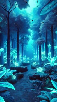 Birds fly in the forest. Blue neon tropical glowing forest. 