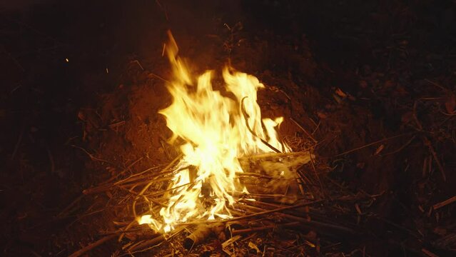土の上で木を燃やしてオレンジの炎を上げる焚き火　キャンプ　バーベキュー