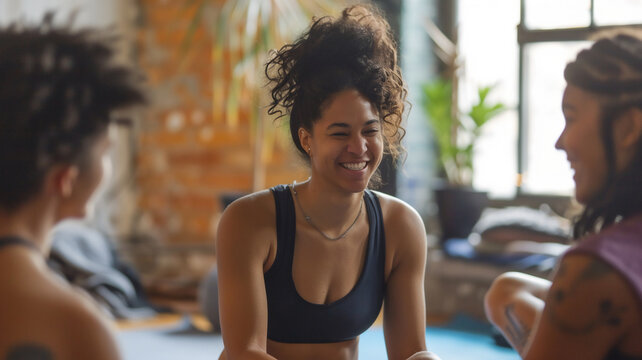Group of young healthy people in yoga class sharing experience  listening to each other .