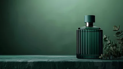 Poster Cologne bottle without text on green background , mockup © Nataliia