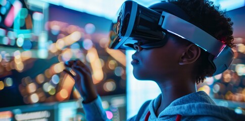 Young Person Experiencing Virtual Reality
A child is immersed in a virtual reality simulation, with a headset and vibrant digital graphics illuminating their curiosity and wonder.
