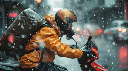 A determined delivery rider on a motorcycle in a snowstorm, navigating through the urban night roads, showcasing resilience and urgency.