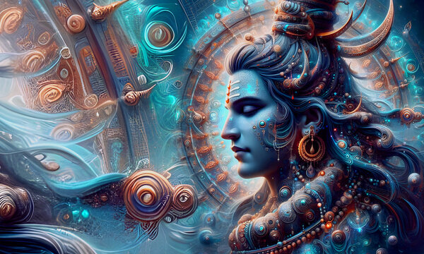 Lord shiva Generative AI Hindu god, Realistic Close-Up Hindu God Shiva in Magical lights.