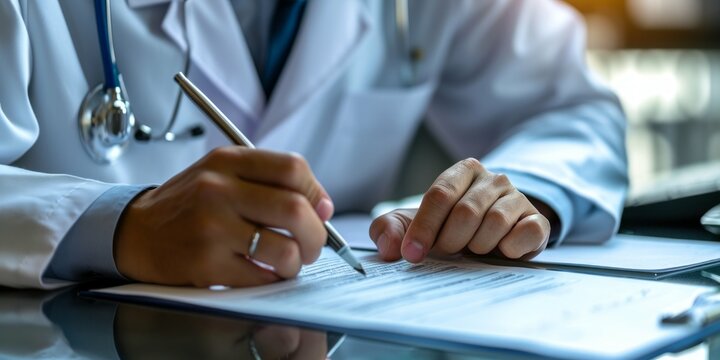 A doctor in a white coat is seated at a desk, focused on writing on a piece of paper. Their hand moves steadily across the page, pen poised with precision.