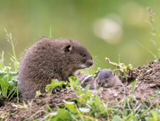 An adult vole and its offspring share a quiet moment near their burrow.