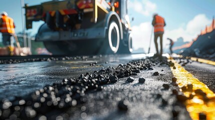 Road construction workers' teamwork, tarmac laying works at a road construction site, hot asphalt gravel leveled by workers, and road surface repair.