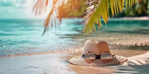 Foto op Plexiglas A straw hat and sunglasses rest on the beach, basking in the warm sun and gentle sea breeze. The serene scene exudes relaxation and tranquility. © YuDwi Studio