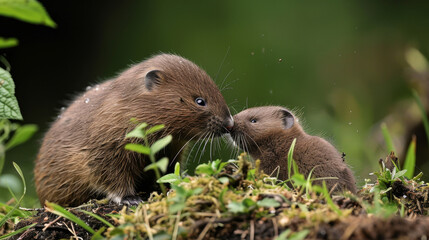 Obraz premium Two voles cuddle near a burrow, vigilant and close in their habitat.