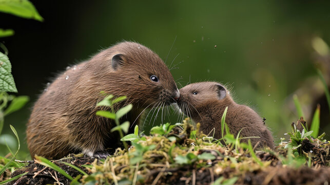 Two voles cuddle near a burrow, vigilant and close in their habitat.