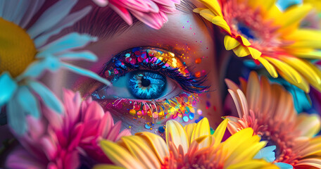 Beautiful blue eye of a woman looking through colorful flowers wearing bright colorful glittery makeup. Makeup art concept. 