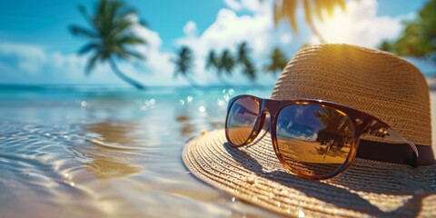 A straw hat and sunglasses rest on the beach, basking in the warm sun and gentle sea breeze. The serene scene exudes relaxation and tranquility.