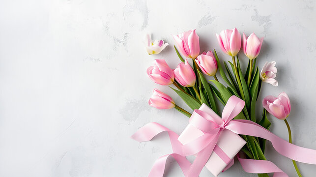 Bouquet of pink tulips and a gift box with a silk ribbon on a white background with space for text, top view. Gift, greeting card Happy Birthday, Mother's Day, Easter
