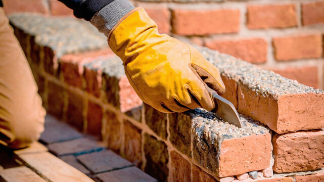 Construction worker laying bricks on a construction site, closeup of hands in protective gloves