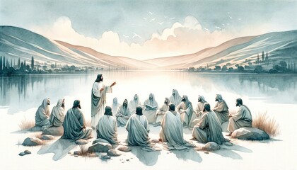 Jesus preaching in Galilee and gathering his disciples. Life of Jesus. Digital illustration. Watercolor style.
