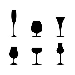 Vector silhouettes of glasses and wine glasses, black color isolated on white background