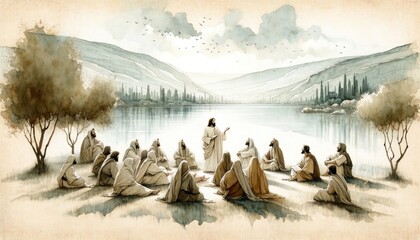 Jesus preaching in Galilee and gathering his disciples. Life of Jesus. Digital illustration. Watercolor style. - obrazy, fototapety, plakaty