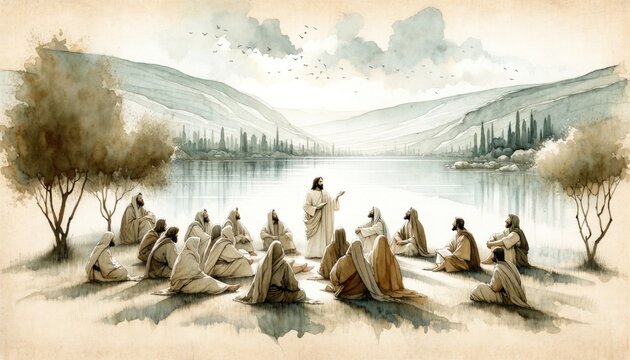 Jesus preaching in Galilee and gathering his disciples. Life of Jesus. Digital illustration. Watercolor style.