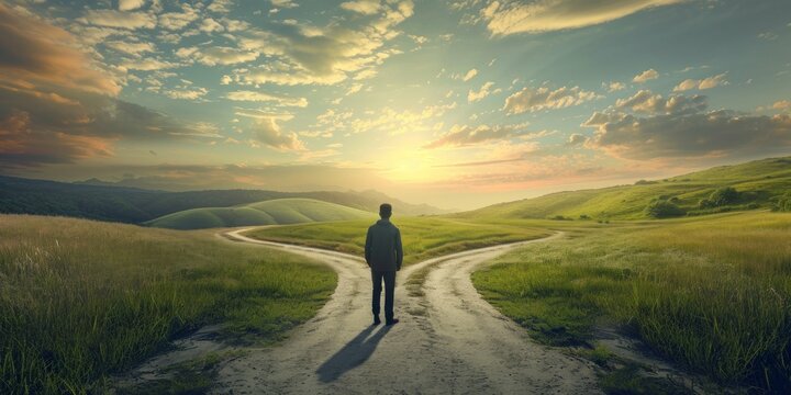 A lone man stands confidently on a dirt road that cuts through a vast field, surrounded by nothing but wild grass and the endless horizon stretching out before him.
