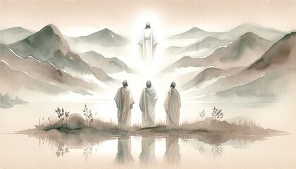 The greatest miracle: Transiguration of Jesus. llustration of Jesus appearing bright to Peter, James and John on a mountain. Digital watercolor painting. - obrazy, fototapety, plakaty