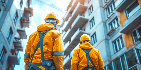 Construction engineers, in a special yellow uniform and safety helmets, resolve issues while standing on a construction site, near buildings under construction, rear view. Modern construction concept - obrazy, fototapety, plakaty