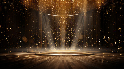 golden confetti rain on festive stage with light beam in the middle, Ai generated image - obrazy, fototapety, plakaty