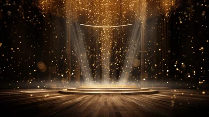Fotobehang golden confetti rain on festive stage with light beam in the middle, Ai generated image © Trendy Image Two