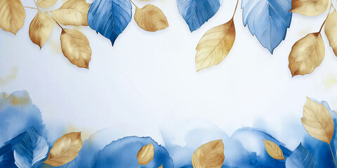 Drawing with gold and blue abstract leaves on a white background with empty space for text. Print design, home decoration, fabric design, cover, illustration, banner