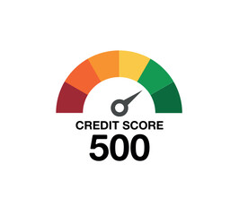 500 credit score. Design medidor de score. Speedometer gauge indicator or customer satisfaction metering graph.